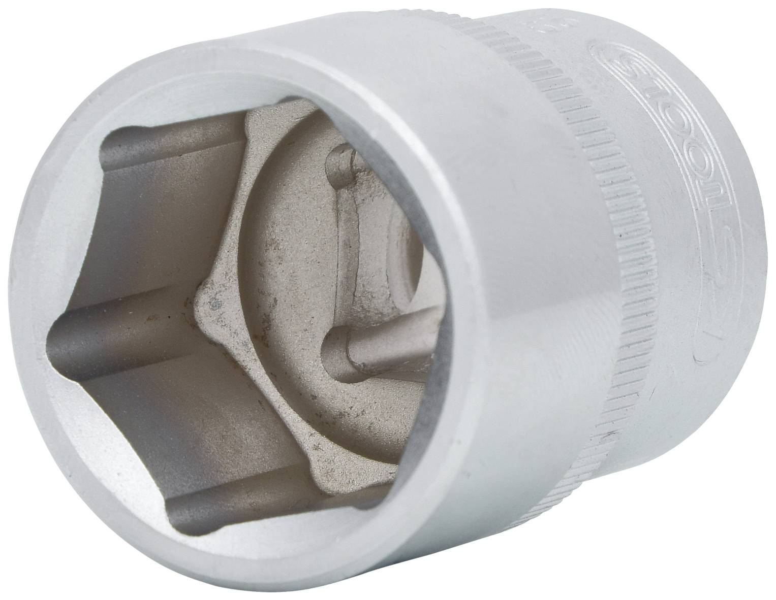 Embout de clé hexagonale en argent avec poignée cannelée et logo d'entreprise gravé, adapté aux travaux de vissage.