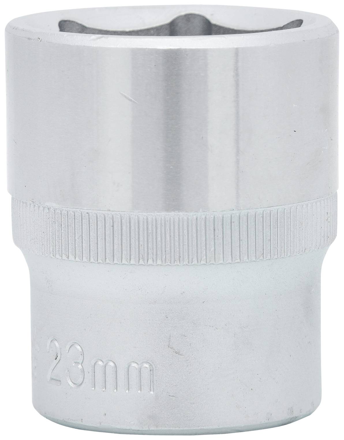 Illustration d'une clé à cliquet argentée d'une taille de 23 mm, utilisée pour serrer ou desserrer des écrous et des vis.