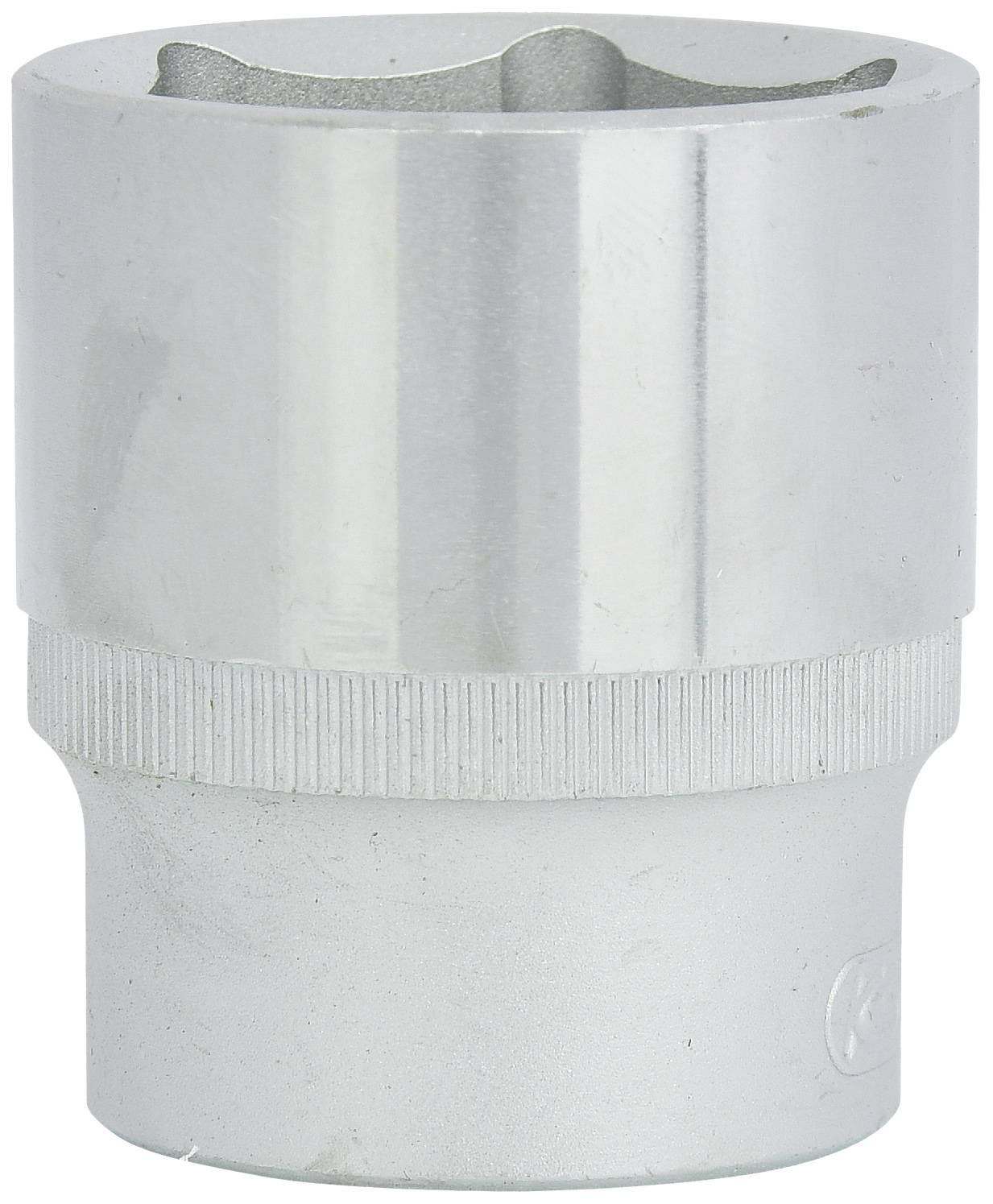 Embout de clé à douille métallique, cylindrique à surface lisse et bord cannelé, utilisé pour serrer des écrous.