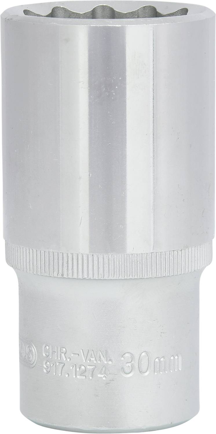 Noix à embase métallique, grise, avec tige ronde et zone de préhension striée. Sur la surface, il est inscrit 'CR-V 30 mm'.