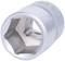 Une noix hexagonale en argent, avec un évidement typique pour outil, offrant des utilisations polyvalentes dans les outils manuels et mécaniques.
