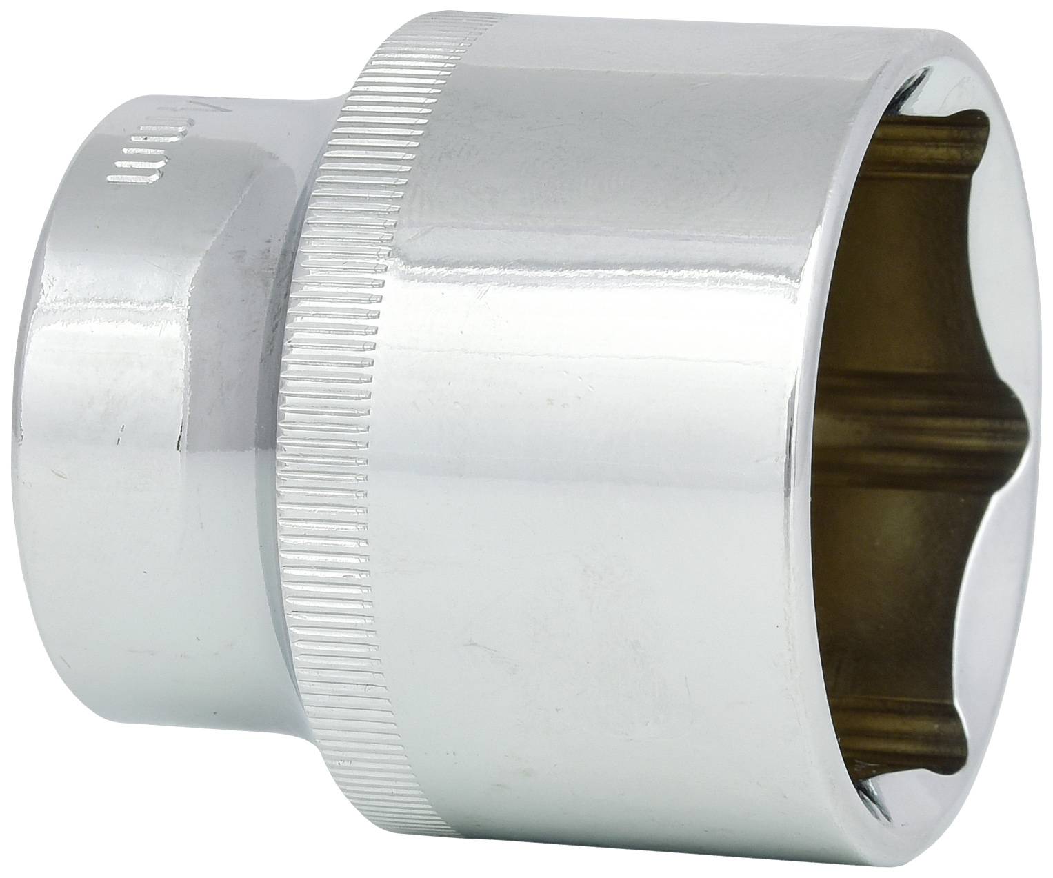 Écrou hexagonal en argent à forme cylindrique et bord cannelé sur fond blanc. Principalement utilisé à des fins mécaniques.