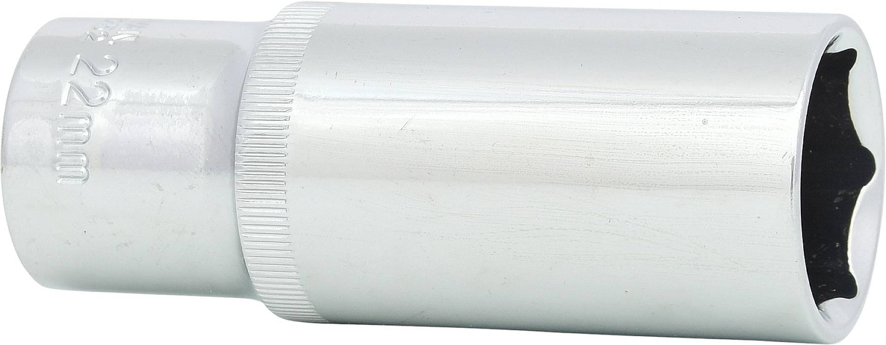 Clé à douille métallique, 22 mm, forme cylindrique, brillante, pour travaux mécaniques ou réparations.