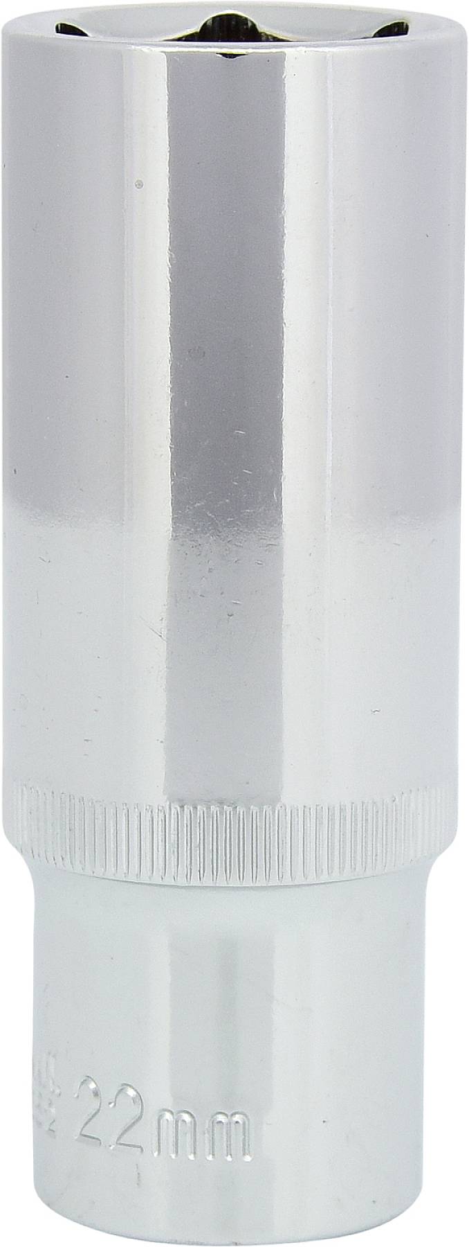 Un embout de clé à cliquet brillant et argenté de 22 mm. Utilisé pour serrer ou desserrer des écrous et des boulons.