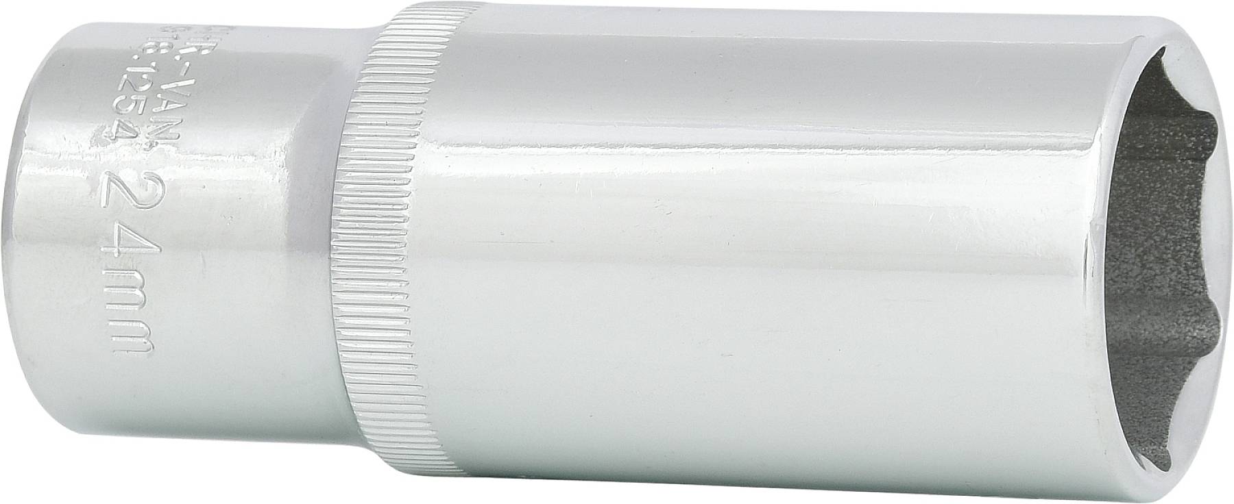 Une douille hexagonale argentée portant l'inscription '24 mm'. La surface est brillante et lisse. L'outil est adapté aux écrous de vis.