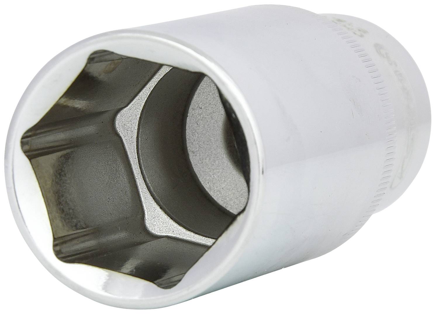 Une noix de connexion argentée avec une ouverture hexagonale, présentant une surface métallique brillante à la structure lisse.