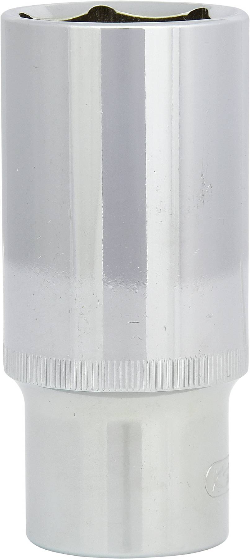 Une noix de stockage en argent, cylindrique, avec une poignée cannelée, sur un fond blanc.