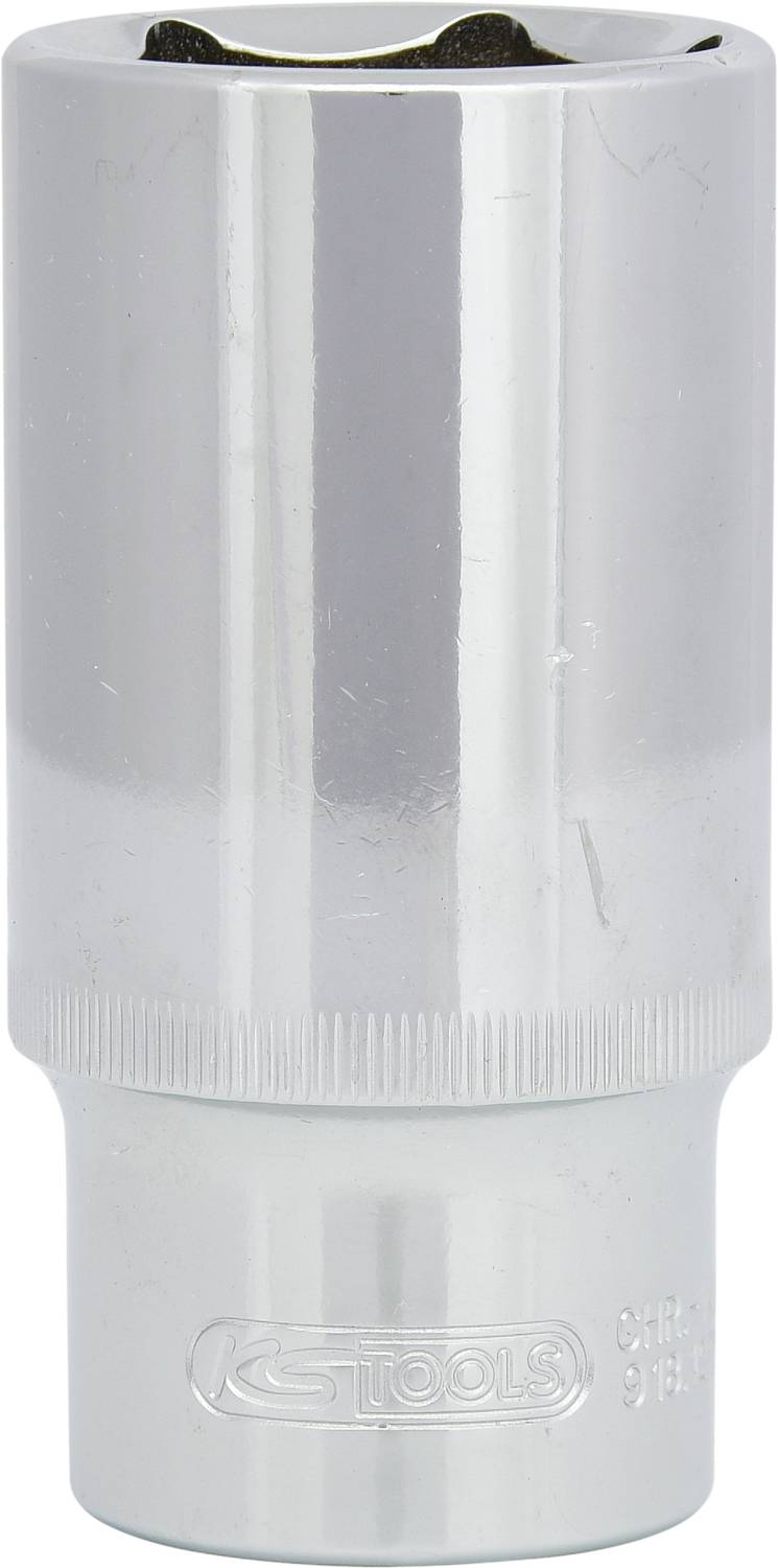 Écrou à cliquet en acier chrome-vanadium, de forme cylindrique, avec logo 'KS TOOLS' gravé et indication de dimension.