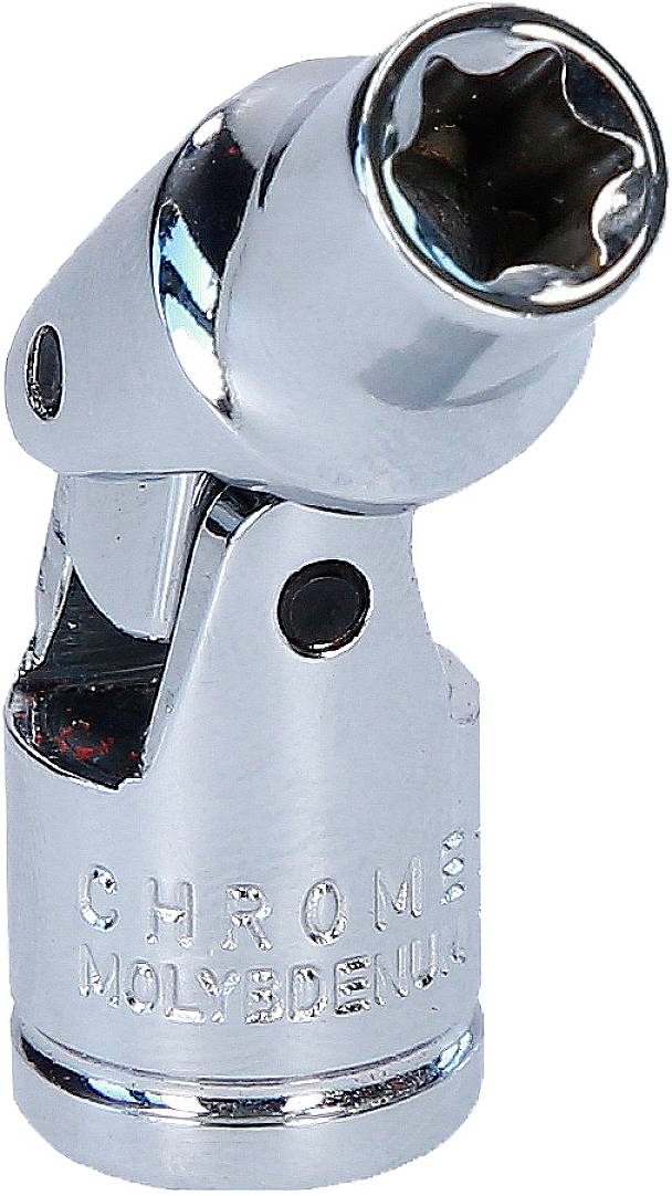 Un embout de clé universel chromé en acier chrome-molybdène, adapté aux connexions angulaires flexibles en mécanique.