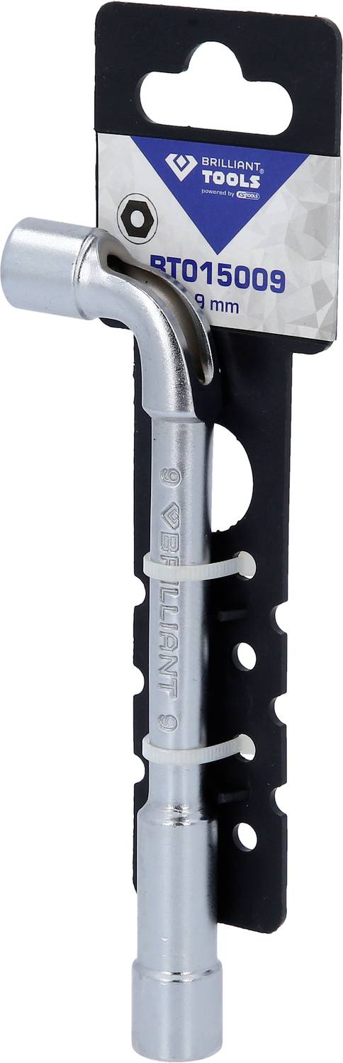 Clé à douille avec emballage, taille 9 mm, posée contre un support noir, marque Brilliant Tools, numéro de modèle BT015009.