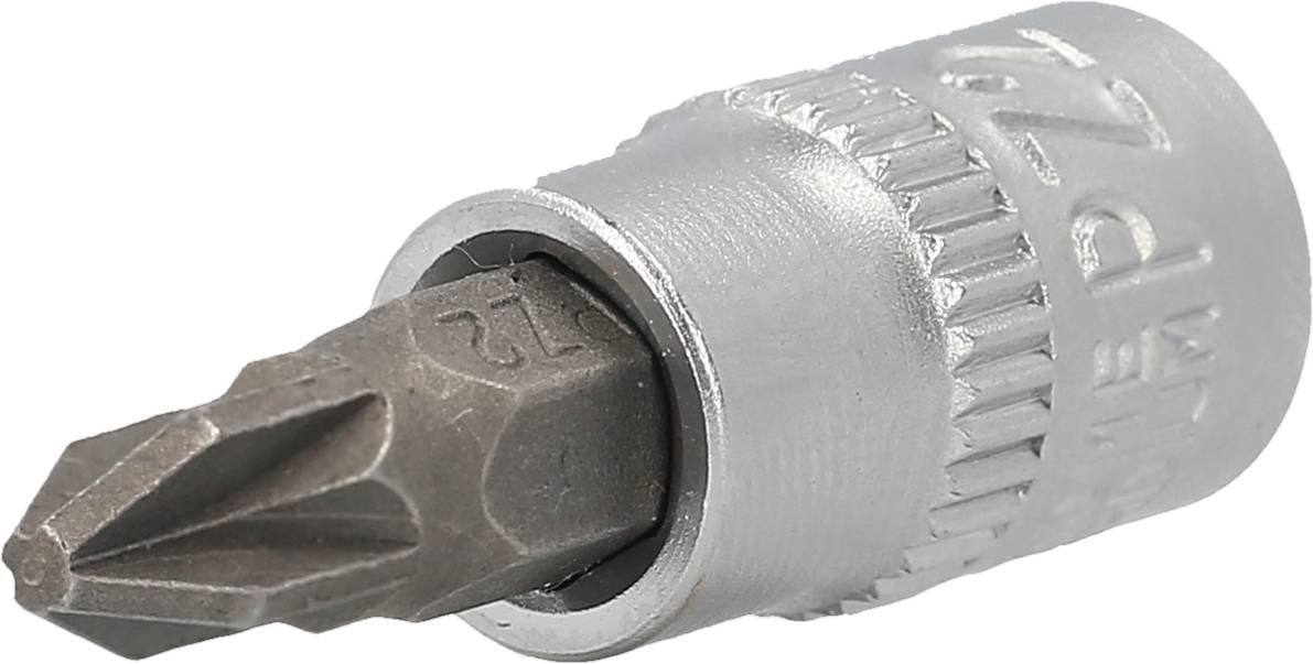 Un embout de tournevis à tête cruciforme, métallique et cylindrique, adapté aux outils électriques ou aux tournevis manuels.