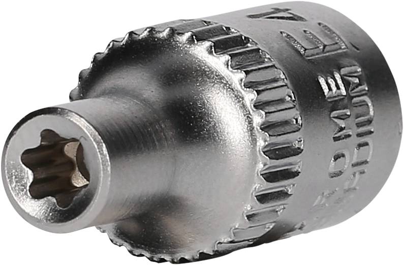 Embout de clé à douille métallique avec profil Torx, de couleur argentée, utilisé pour serrer ou desserrer des vis dans des applications techniques.