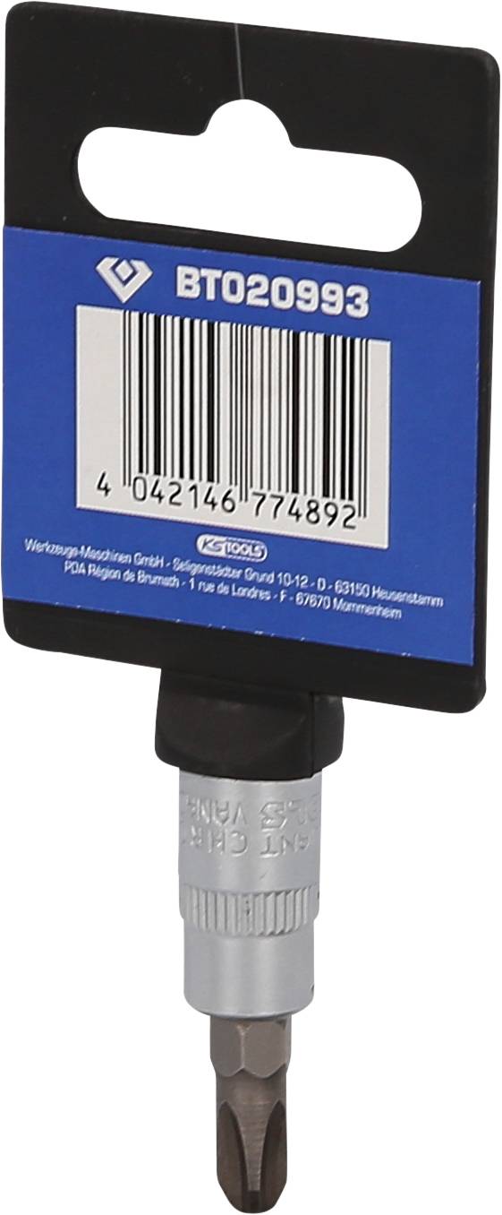 Un support de bits avec étiquette d'emballage. L'étiquette affiche un code-barres et le numéro de modèle 'BT020993'.