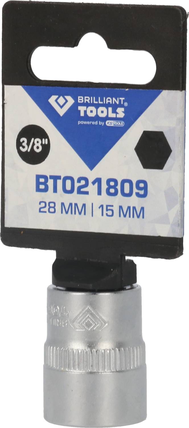Douille de 28 mm x 15 mm, 3/8 de pouce, de Brilliant Tools, dans un emballage avec support noir et logo bleu.