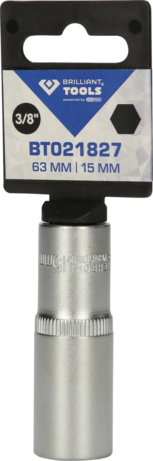 Outils Brillants, Douille pour bougie d'allumage, 63 mm de long, 15 mm de diamètre, avec entraînement 3/8", outil métallique pour l'insertion et le retrait des bougies d'allumage.