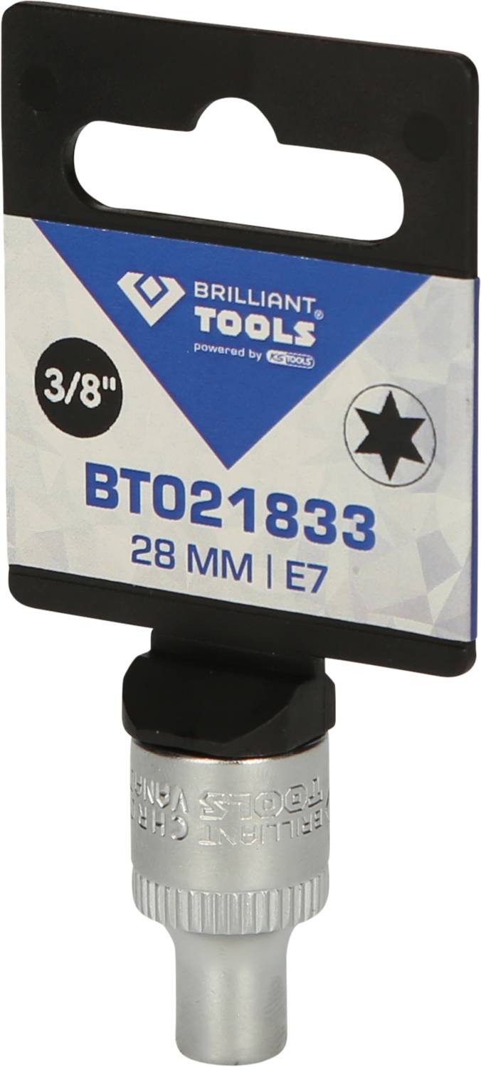 Écrou à cliquet avec support, taille 28 mm, E7, marque 'Brilliant Tools' sur emballage bleu.
