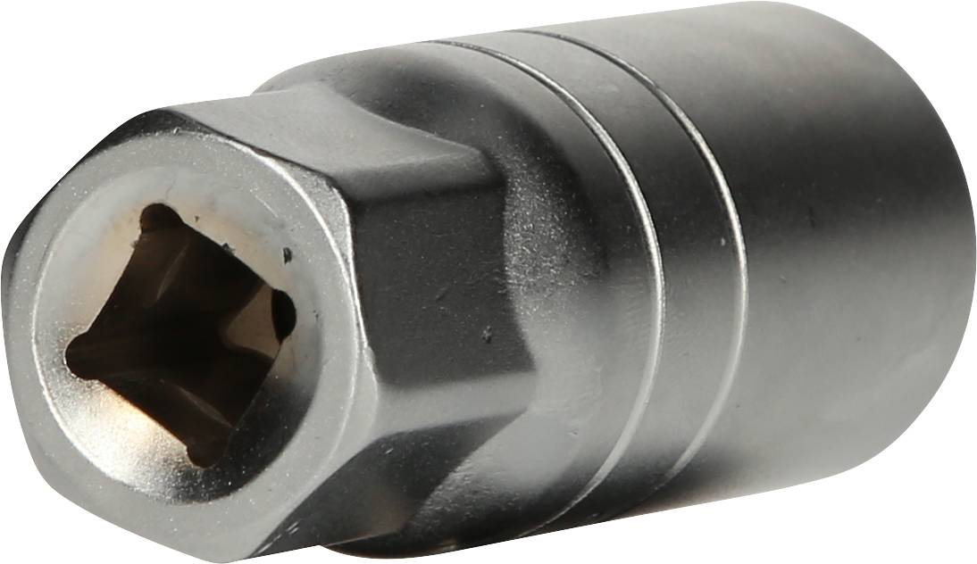 Adaptateur de clé à douille métallique, de forme cylindrique, avec réception hexagonale et surface lisse et brillante.