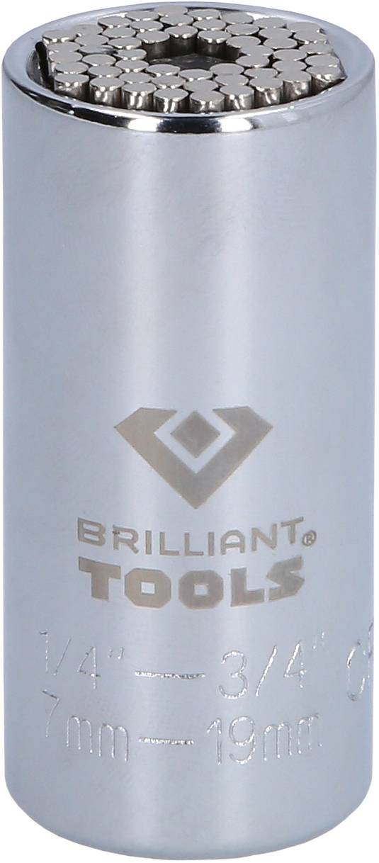 Une clé universelle à molette avec un diamètre intérieur variable, logo "Brilliant Tools" sur la surface, convenant pour des diamètres de 7 à 19 mm.