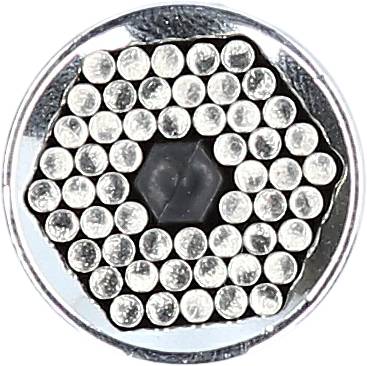 Adaptateur rond avec plusieurs broches métalliques argentées disposées en motif circulaire. Au centre, un renfoncement hexagonal noir.
