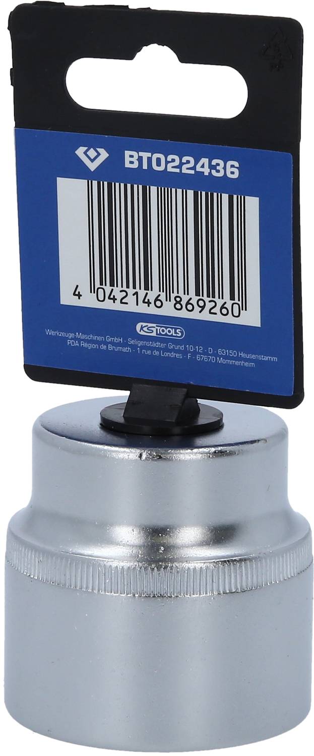 Un bouchon à vis en argent avec une étiquette bleue affichant le code-barres '4042146869260' et le numéro de produit 'BT022436'.