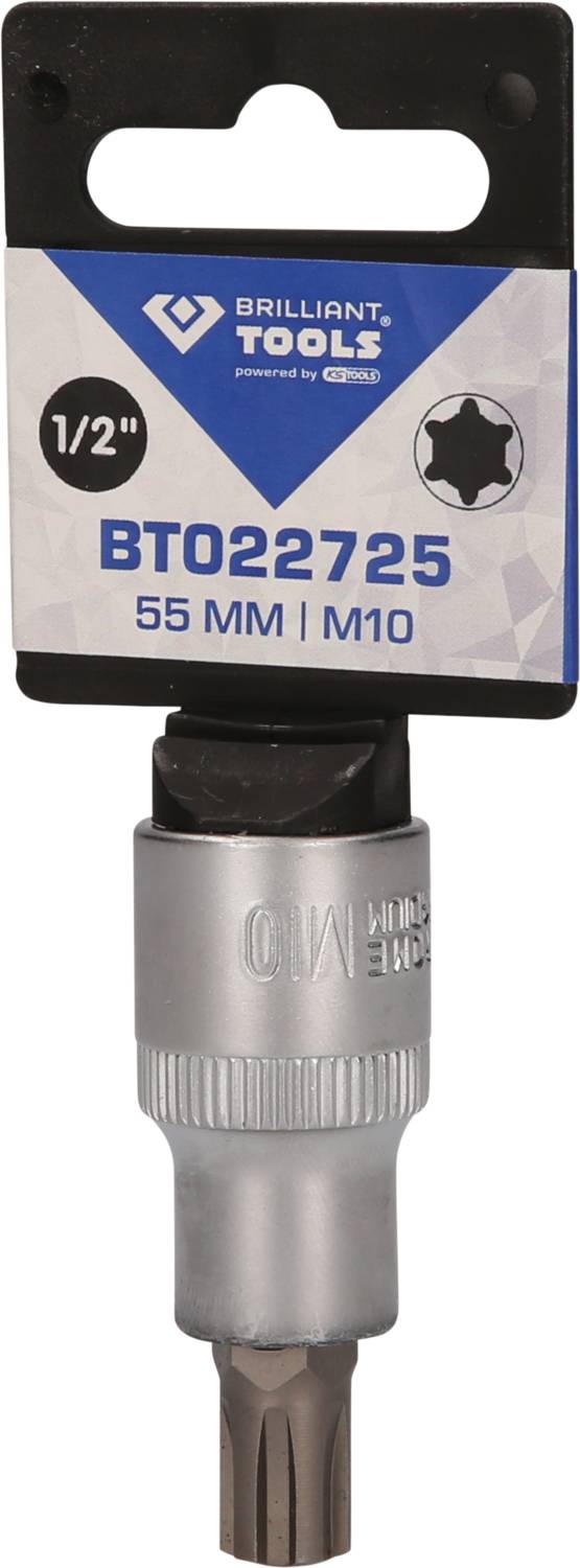 'Adaptateur de douille avec support, Brilliant Tools BT022725, 1/2 pouce, 55 mm, M10, couleur argent, fixé sur un carton d'emballage avec informations produit.'