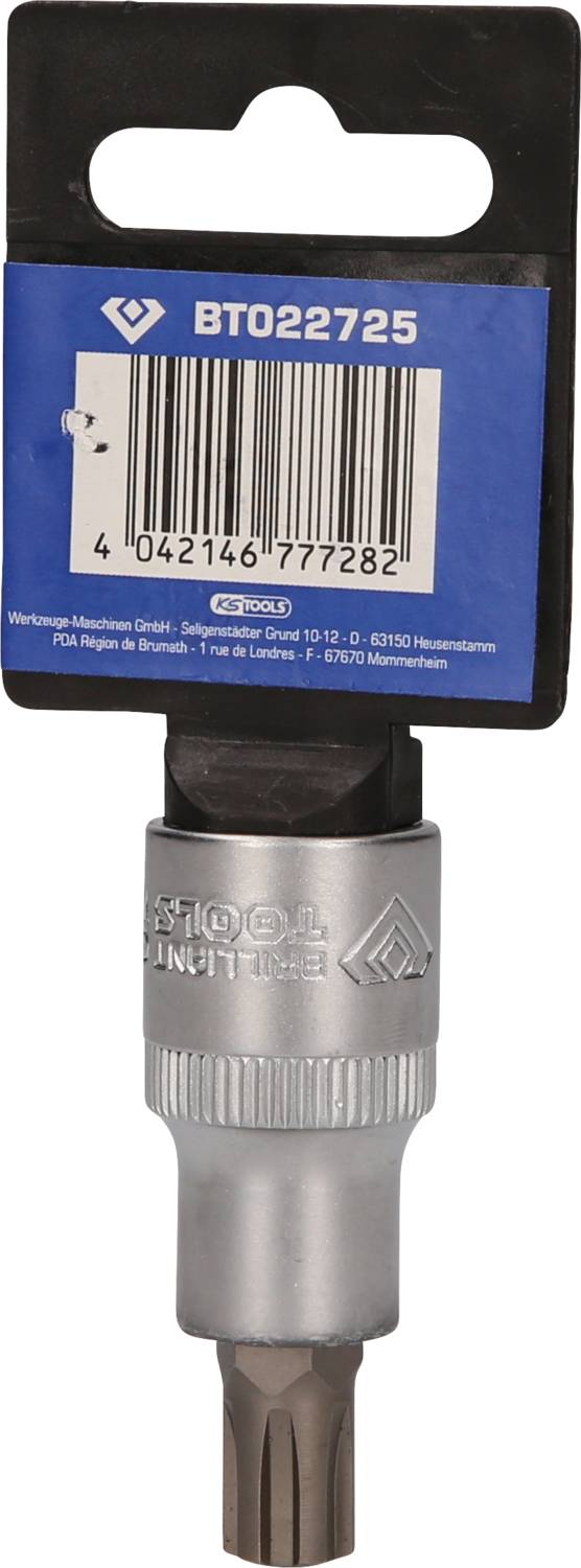 'BT022725' Embout de clé à cliquet avec étiquette bleue et code-barres. Outil pour vis Torx, adapté aux machines ou aux appareils manuels.