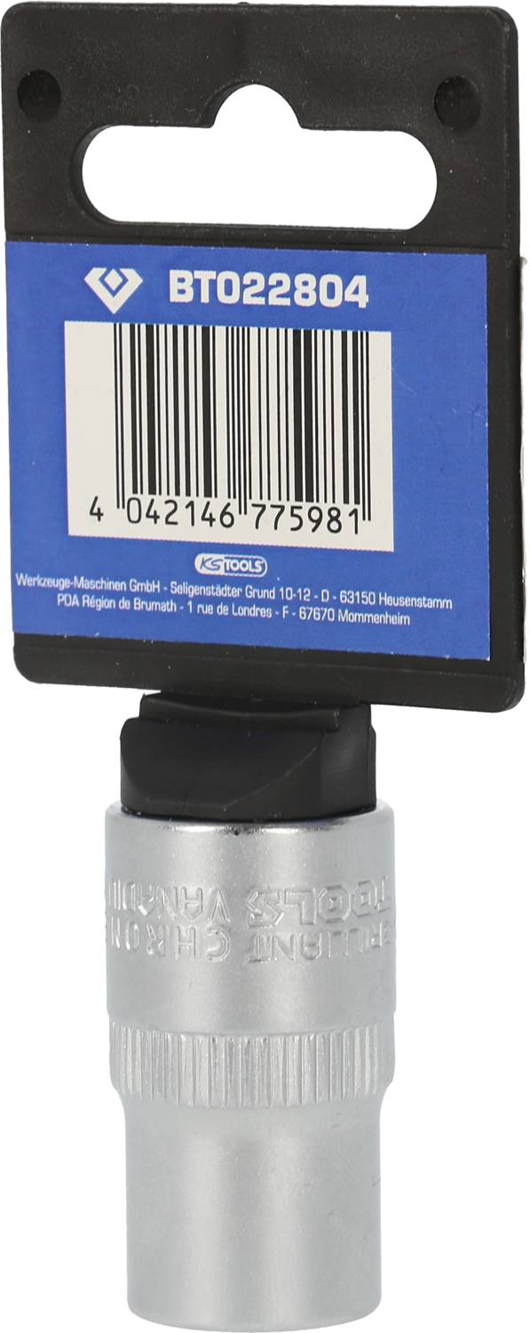 Outil métallique avec une étiquette bleue 'BTO22804'. Contient un code-barres et des détails de fabrication. Utilisé pour des applications spécialisées.