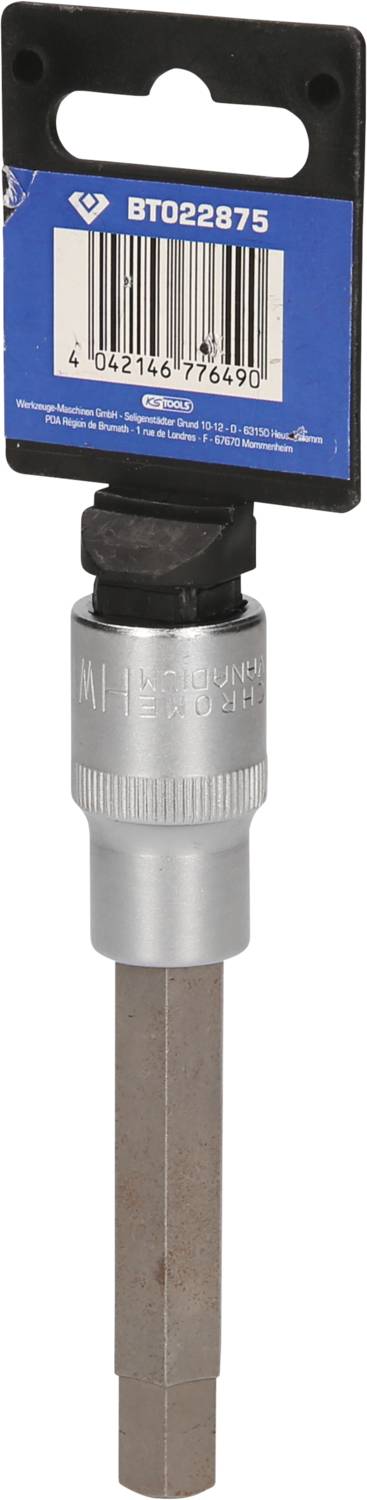 Un foret métallique à emmanchement hexagonal avec un emballage portant la référence 'BT022875'.