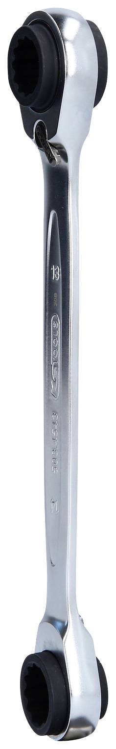 Une clé à fourche double face avec quatre embouts de douille, conçue pour être utilisée sur des vis et des écrous de différentes tailles.