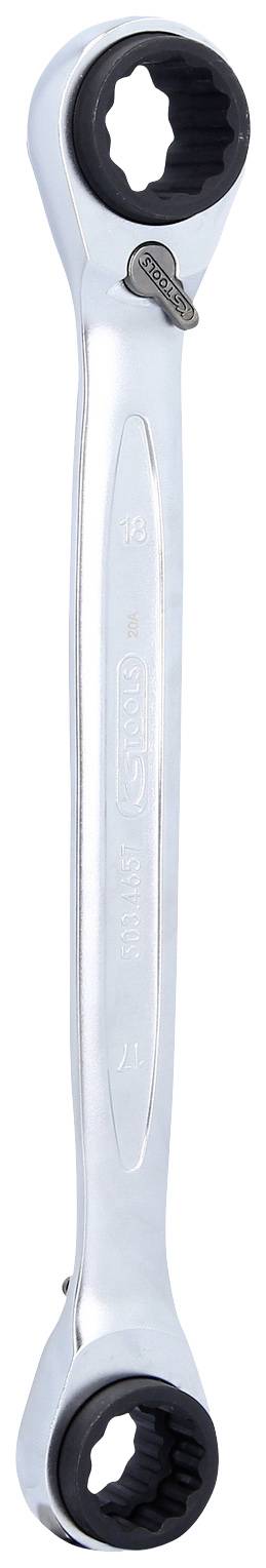 Une clé à cliquet réversible en argent avec différentes douilles à chaque extrémité, adaptée à divers travaux de vissage.