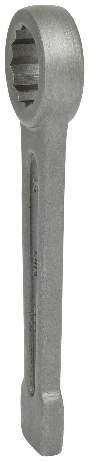 Une clé à anneau en argent avec une ouverture circulaire et une surface intérieure dentée, adaptée aux travaux de montage ou au desserrage de vis.