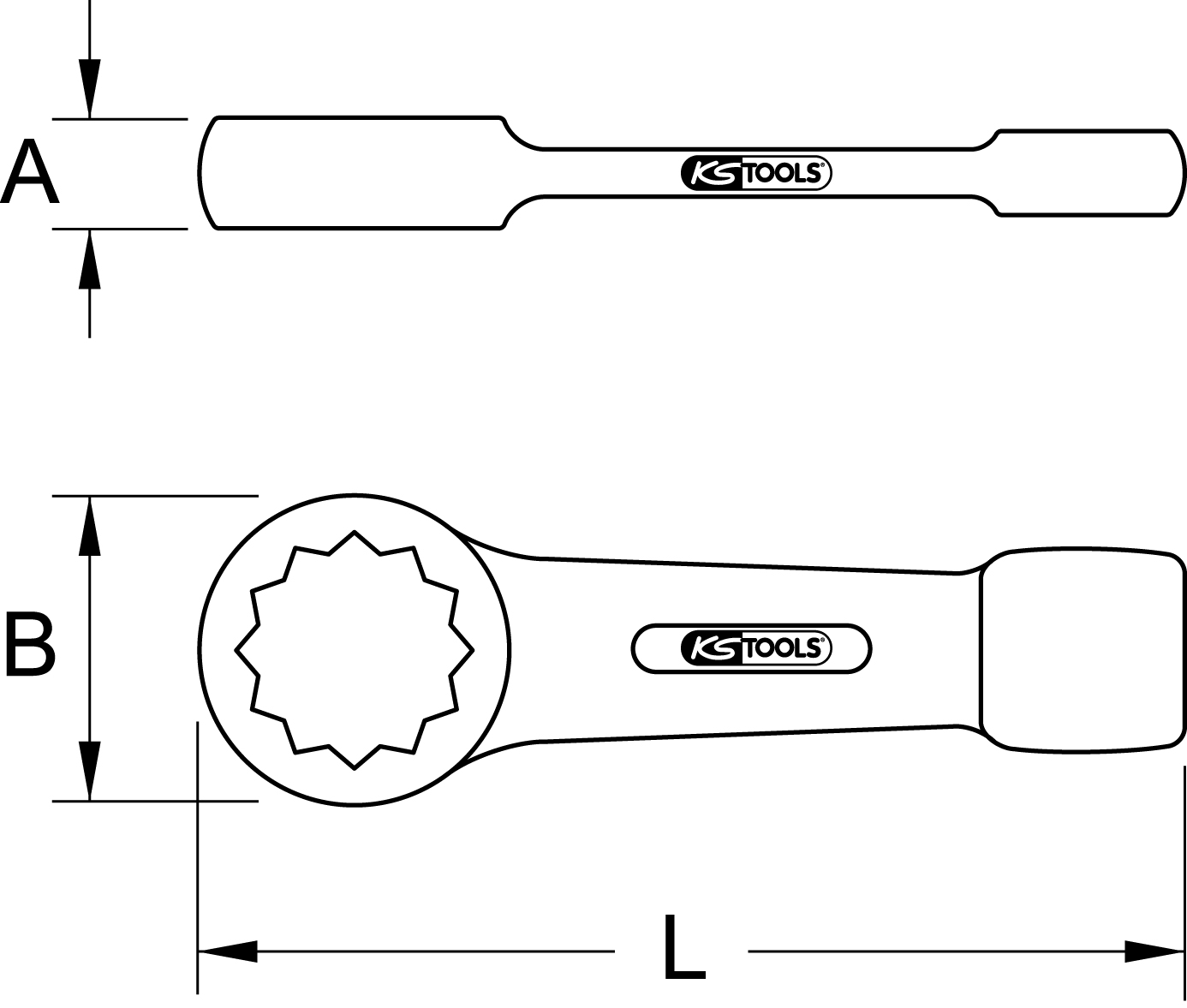 Clé polygonale 'KS Tools', vue latérale et vue de dessus. Dimensions : A, B, L.