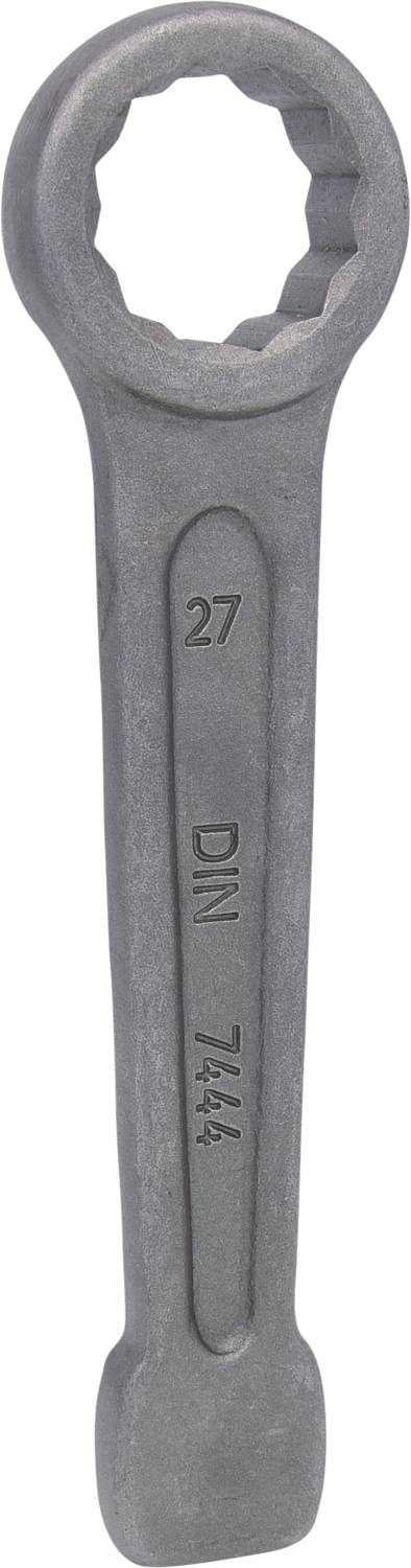 Clé polygonale en métal, taille 27, conforme à la norme DIN 7444. Utilisée pour serrer ou desserrer des vis et des écrous.