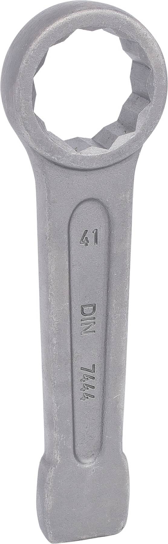 Clé à molette grise avec trou hexagonal et gravure 'DIN 7444 41'. Outil industriel pour la fixation d'écrous et de boulons.