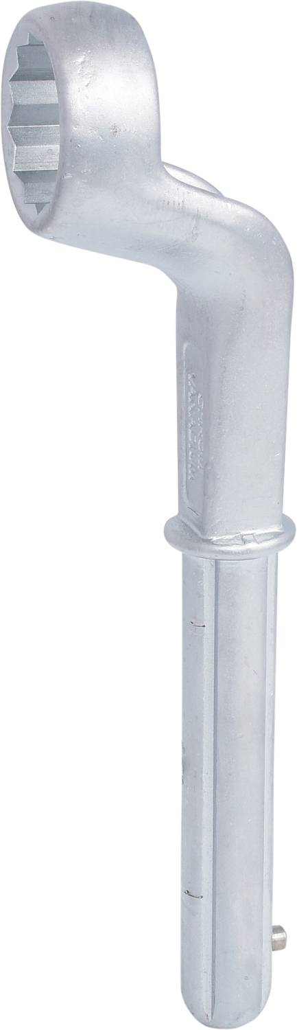 Clé à angle en argent avec ouverture hexagonale, conçue pour fixer des écrous et des vis dans des endroits difficiles d'accès.