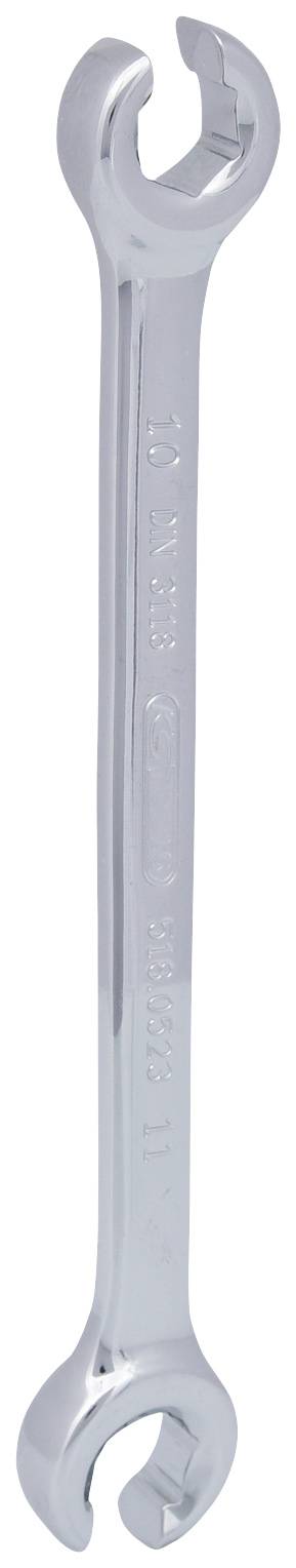 Une clé à fourche en argent avec deux extrémités ouvertes, adaptée à différentes tailles de vis.