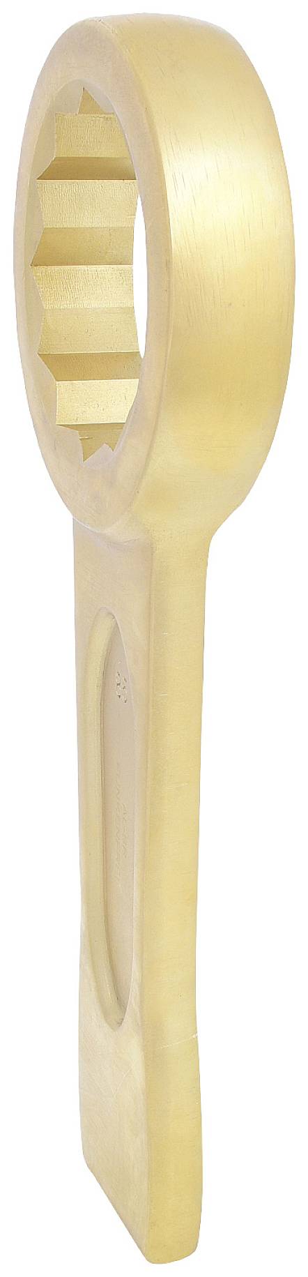 Une grande clé annulaire dorée avec plusieurs dents, adaptée pour tourner de grosses noix ou des têtes de vis.