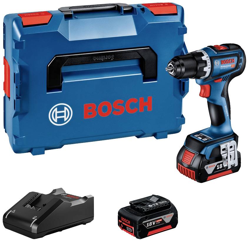 Un tournevis-perceuse sans fil bleu de la marque Bosch avec coffret, chargeur et batterie de rechange. Logo de la marque visible sur les deux éléments.