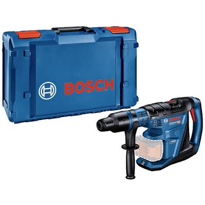 Un marteau-piqueur Bosch bleu avec câble, à côté à gauche un coffret de transport assorti. Les deux sont adaptés aux travaux de perçage intensifs.