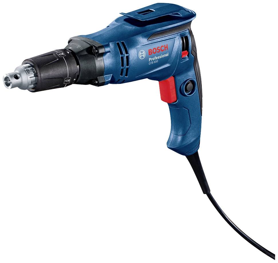 Un perceuse électrique bleue avec un déclencheur rouge et un mandrin noir, câble en bas. Marquage 'BOSCH Professional GSR 6-25 TE'.