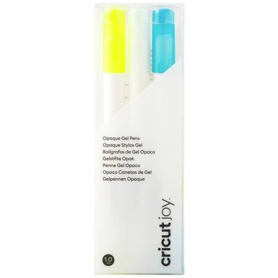 Trois stylos gel opaques en jaune, blanc et bleu dans un emballage transparent portant l'inscription 'cricut joy'.