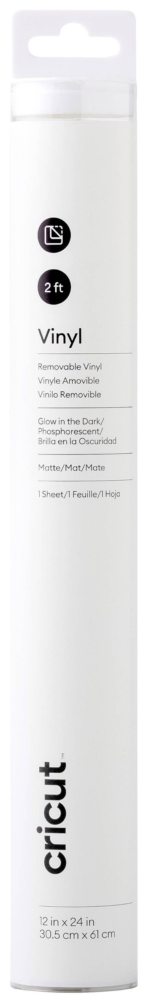 Un conteneur blanc portant les inscriptions 'Vinyl' et 'cricut', contenant 1 rouleau de vinyle de 30,5 cm x 61 cm, idéal pour les loisirs créatifs et la décoration.