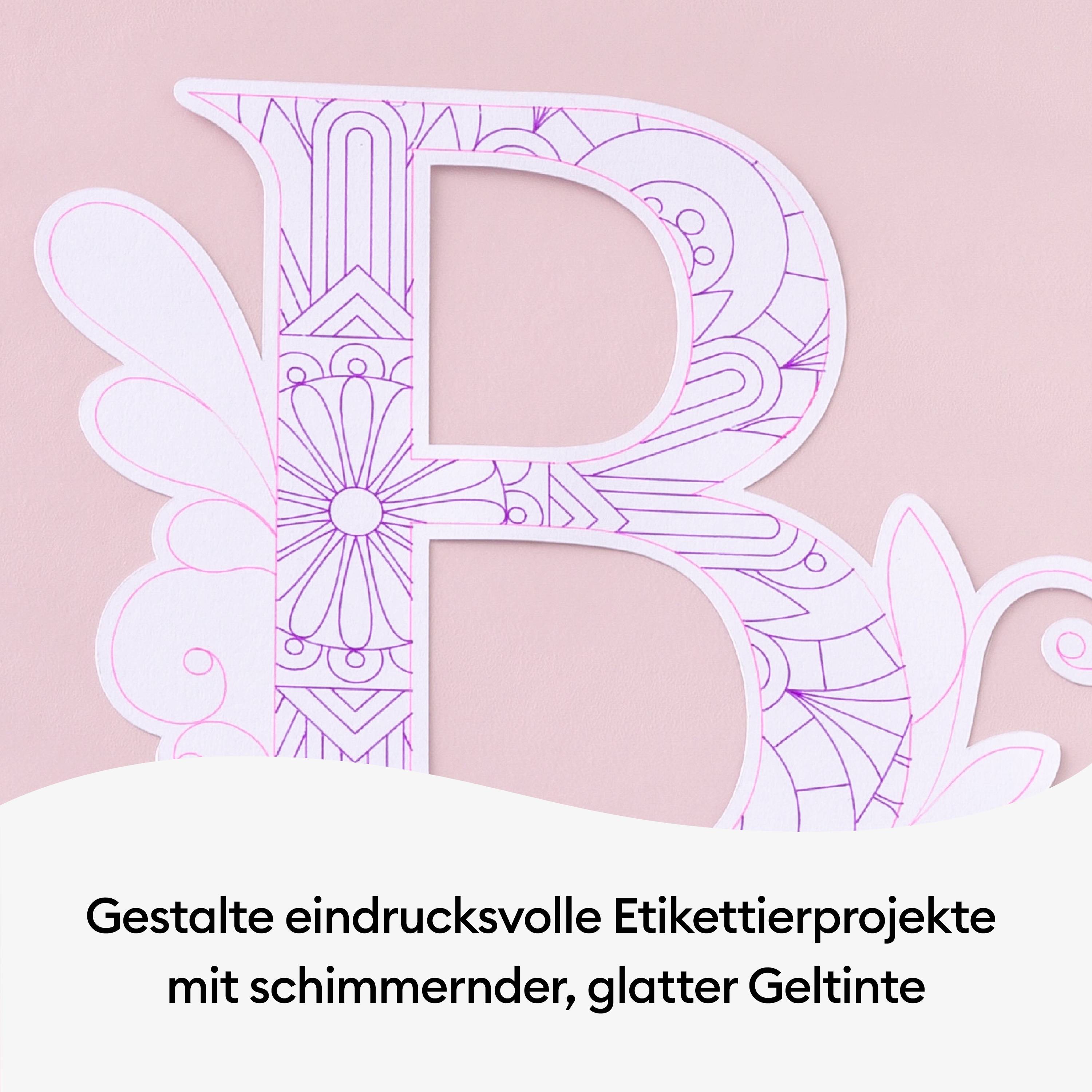 Grande lettre 'B' décorée de motifs floraux sur un fond rose. En dessous, le texte : 'Créez des projets d'étiquetage impressionnants avec de l'encre gel brillante et lisse'.