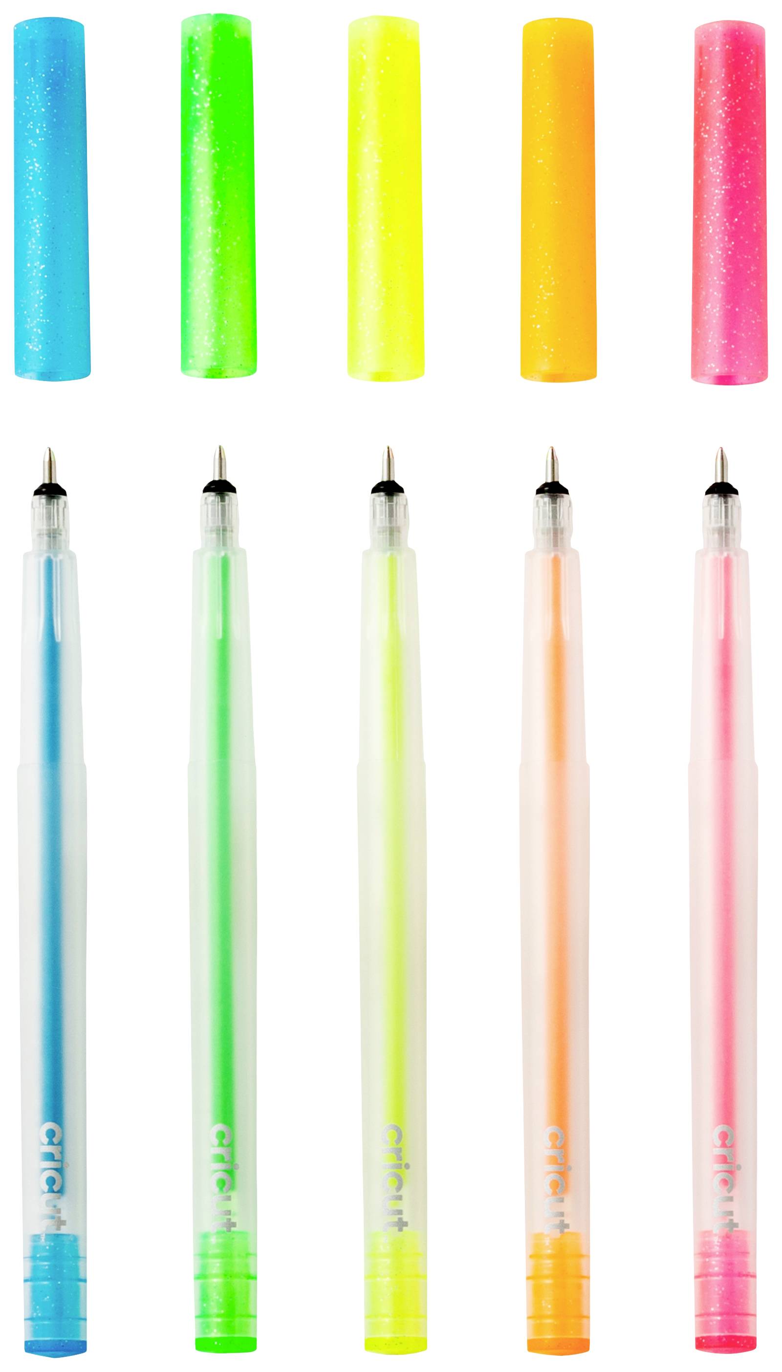 Cinq stylos gel colorés avec leurs capuchons assortis : bleu, vert, jaune, orange, rose. Les capuchons sont en haut, les stylos en bas, dans un ordre croissant.