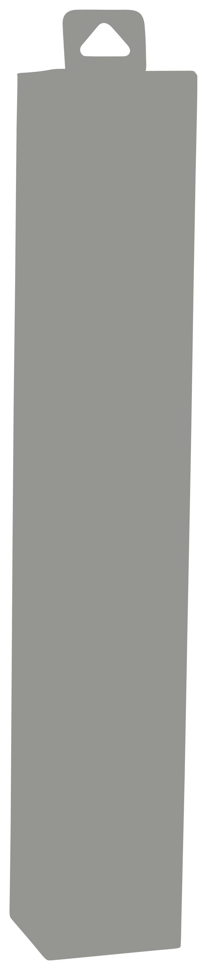 Un emballage long et rectangulaire dans un ton uni avec une poignée triangulaire en haut.