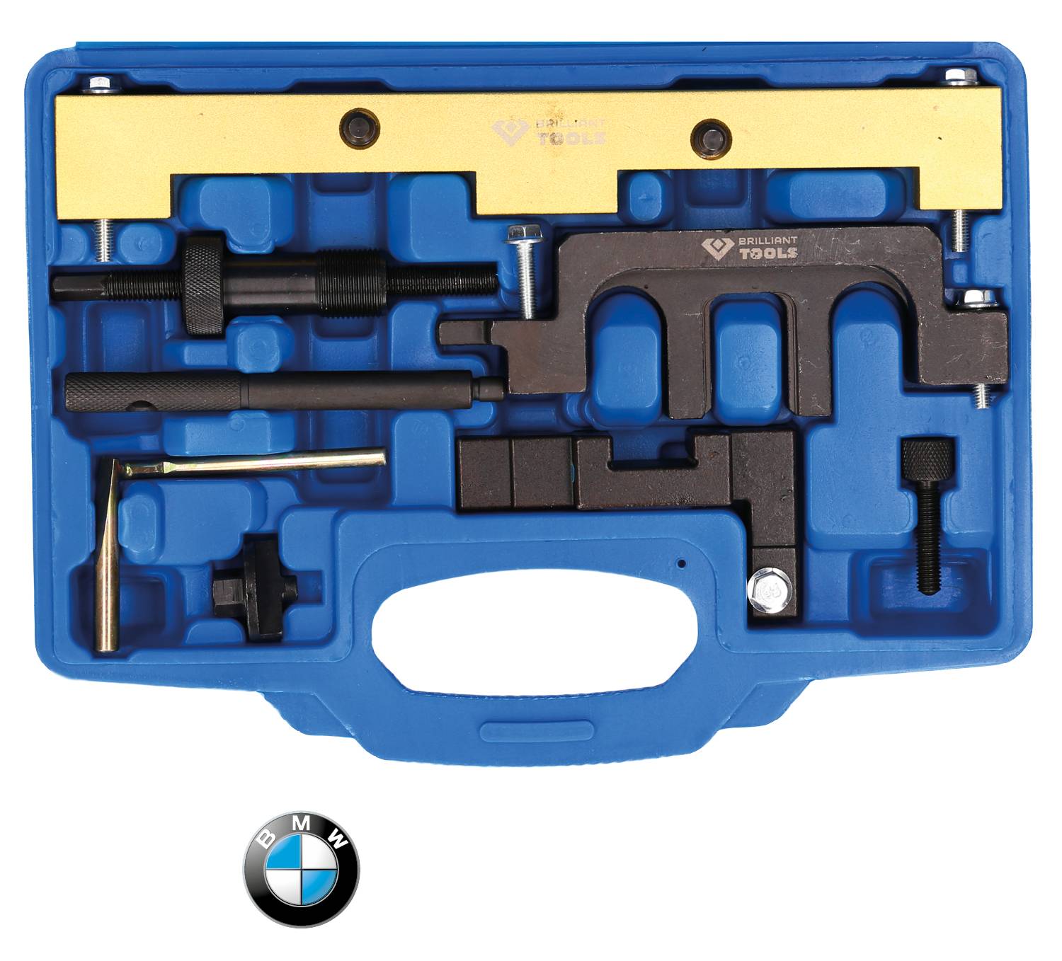 Boîte à outils bleue contenant divers outils automobiles avec le logo BMW en dessous. Les outils sont adaptés à la réparation de véhicules.
