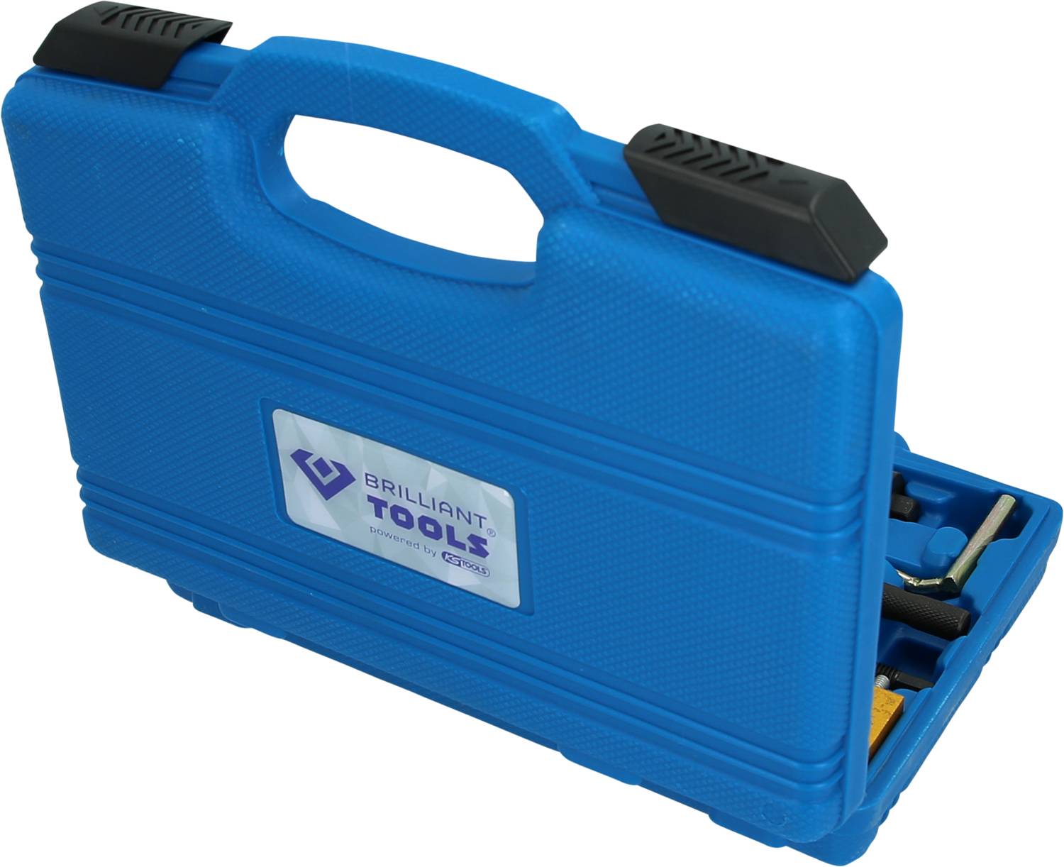 Une valise à outils bleue, fermée, avec une poignée. Une étiquette portant l'inscription 'Brilliant Tools' y est apposée.