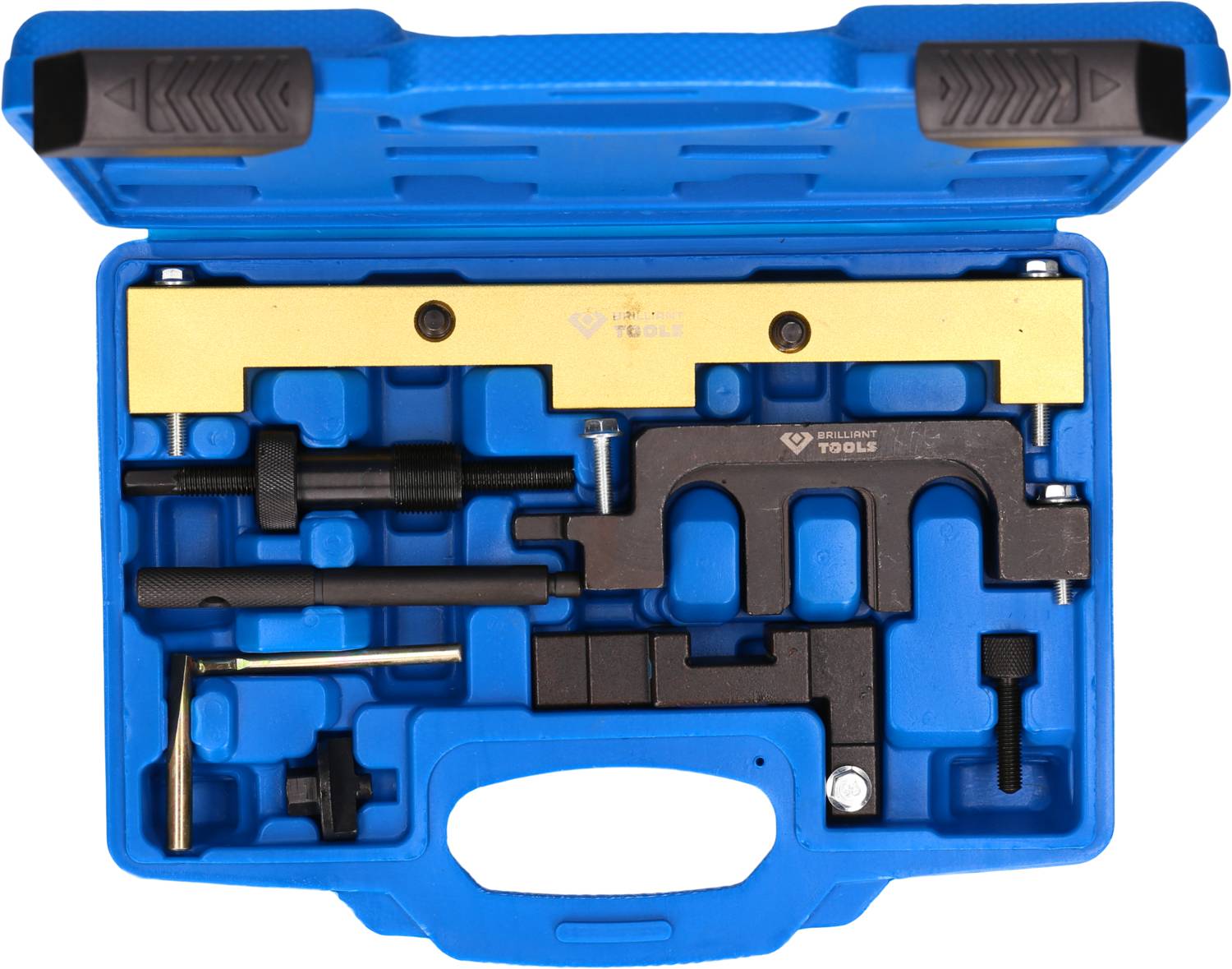 Un coffret à outils bleu contenant divers outils mécaniques, notamment des clés et des outils de fixation.