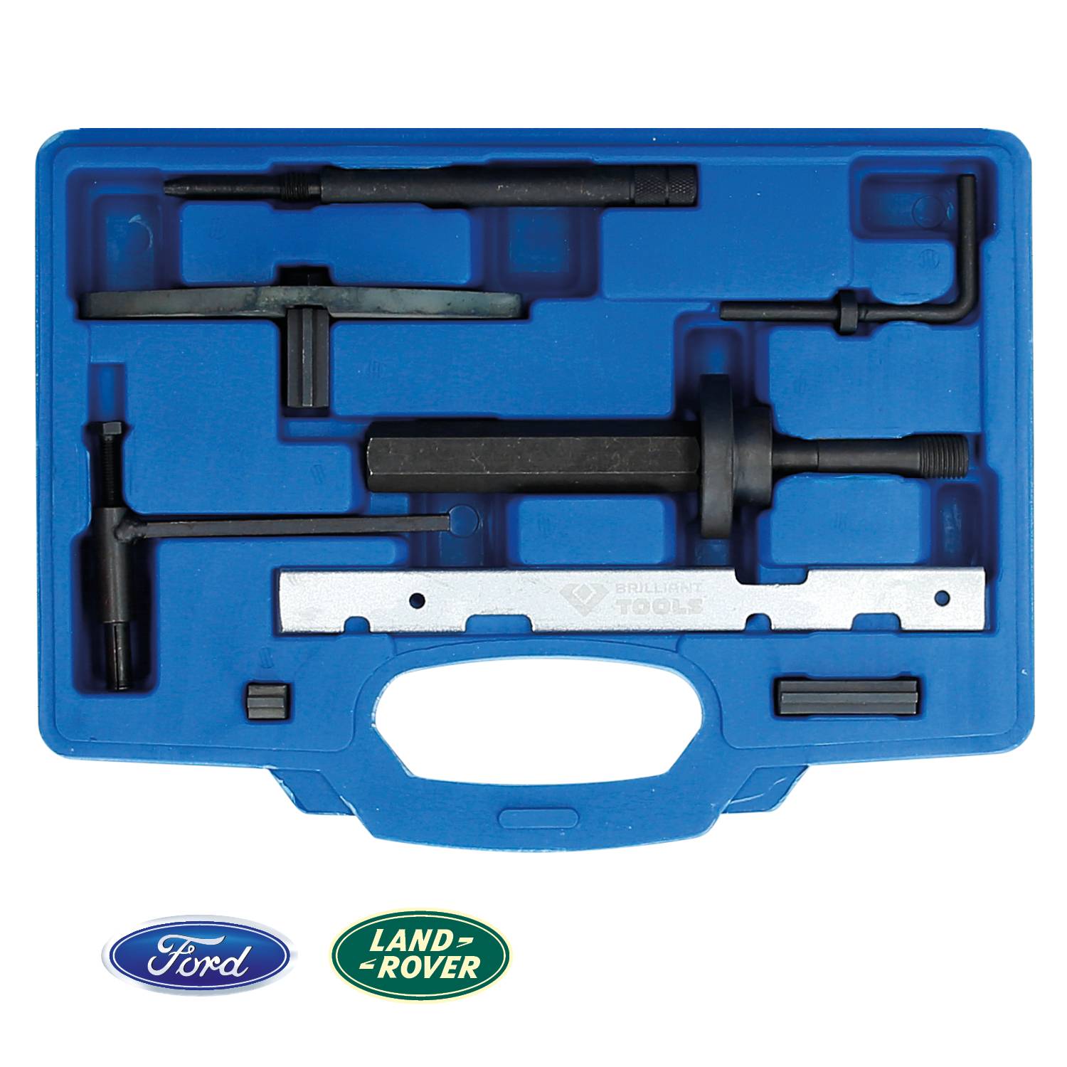 Une boîte à outils bleue contenant des outils spécialisés pour les réparations automobiles, comprenant des supports et des adaptateurs spécifiques. Les logos Ford et Land Rover sont visibles en bas de l'image.
