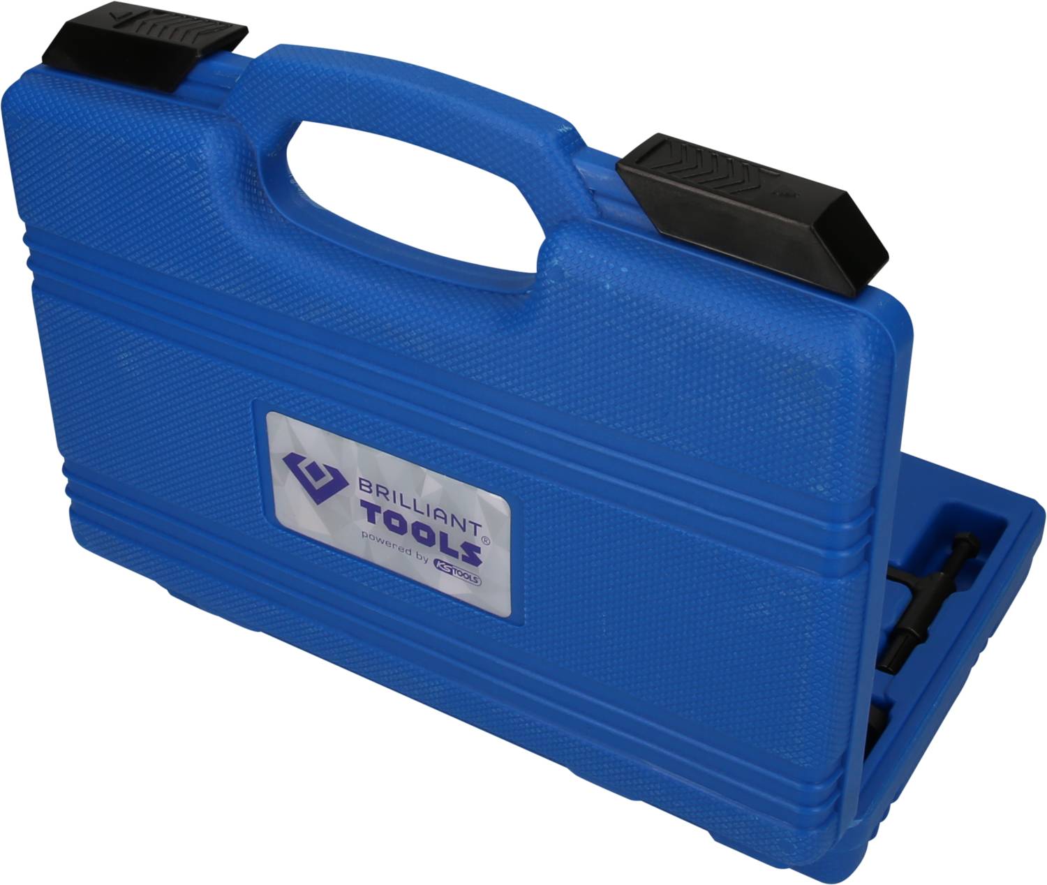 Mallette à outils bleue avec le logo 'Brilliant Tools'. La mallette est fermée et possède deux clips de fermeture noirs en haut.